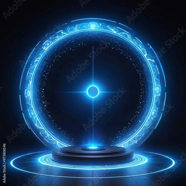 Obraz Abstract futuristic dark background of blue neon circles, glowing tech sci-fi frames. Futuristic Sci-Fi HUD Circles