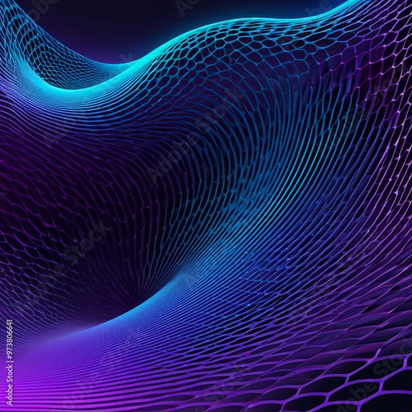Obraz Blue and purple gradient background Futuristic hexagon particles form wave arrangement, sound flows. Abstract sci-fi user interface concept