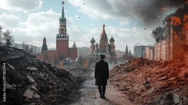 Fototapeta Dramatic Cityscape of Moscow s Iconic Landmarks Amidst Wartime Destruction