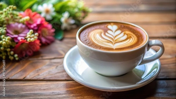 Fototapeta Closeup of floral latte art in a cappuccino coffee cup on a cafe table , latte art, cappuccino, coffee, cafe, table, closeup