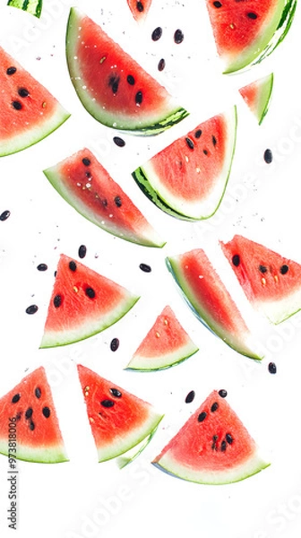 Fototapeta Triangular slices of watermelon falling, with the bright red flesh