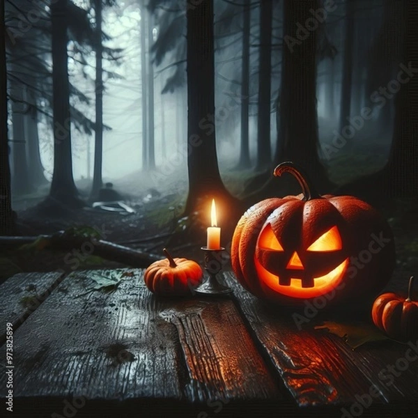 Fototapeta Halloween pumpkins in various settings including a garden, park, and on a table, with a spooky and festive atmosphere