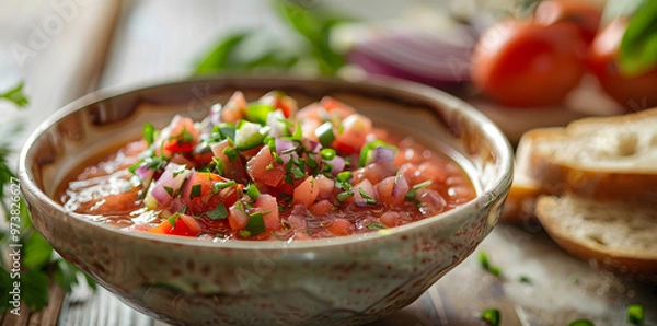 Fototapeta Bowl of chunky gazpacho with rich red color and fresh vegetables served on a rustic table