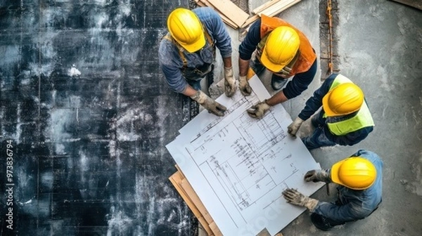 Fototapeta Construction crew working together on a complex construction job, showcasing their expertise