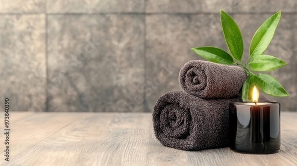 Fototapeta Spa Relaxation with Rolled Towels, Candle, and Greenery