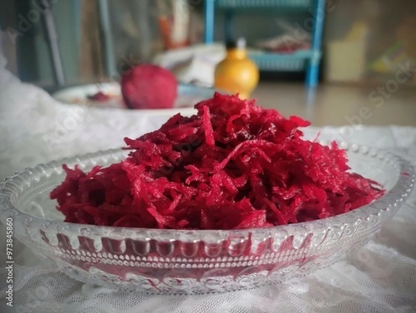 Fototapeta Grated beetroot in bowl.