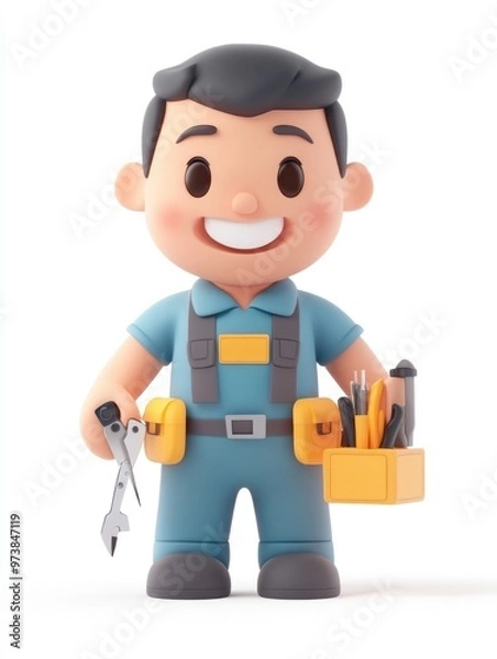 Fototapeta A cheerful cartoon character in work attire holding tools and a toolbox.