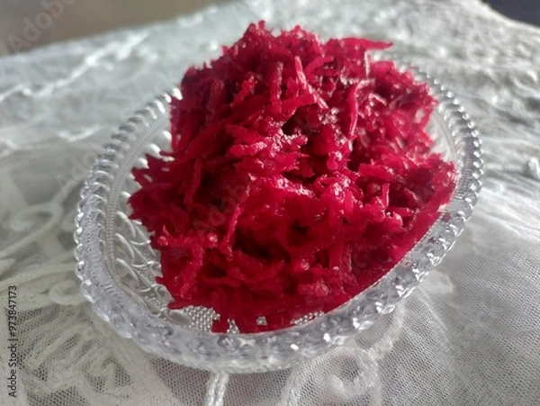 Obraz Grated beetroot in bowl.