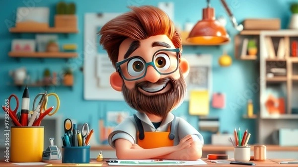 Fototapeta A cheerful character with glasses and a beard, surrounded by art supplies in a colorful workspace.