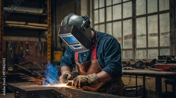 Obraz Man with mask welding metal in the atelier