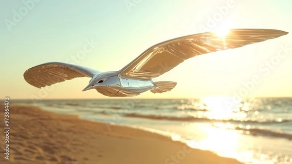 Obraz Gliding Robotic Seagull with Reflective Wings Soaring Over Sunlit Beach