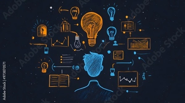 Fototapeta Person Surrounded by Light Bulbs and Business Ideas in a Dark Night Sky