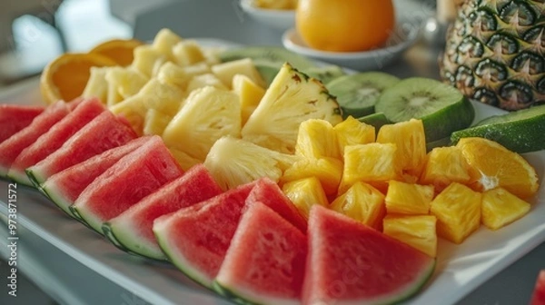 Fototapeta Juicy fruit platter featuring fresh watermelon, pineapple, and orange slices, vibrant colors