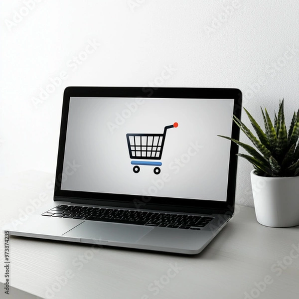 Fototapeta Laptop Displaying Shopping Cart Icon on Screen in Modern Minimalist Workspace