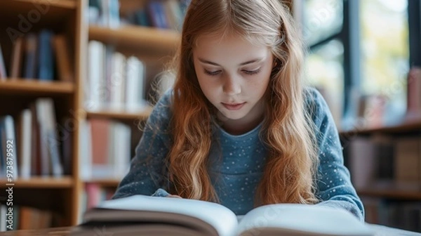 Fototapeta A young girl focused on reading a book in a library, surrounded by shelves of books, with soft lighting creating a quiet, studious environment