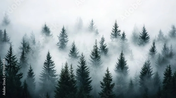 Obraz Mystical Foggy Forest with Pine Trees in Dense Mist Creating an Enchanting and Serene Atmosphere