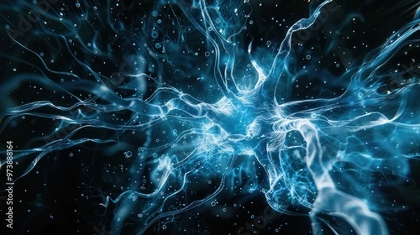 Obraz A visually striking abstract image resembling a neuron structure exploding in blue hues against a deep black background 