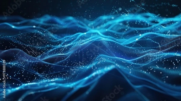 Fototapeta Abstract futuristic wavy background. waves of particles and dots.technology background with blue light, digital wave effect, corporate concept