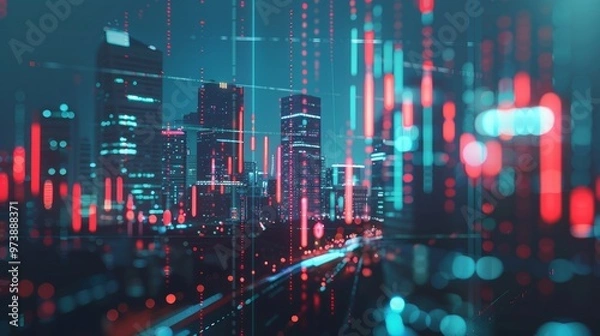 Fototapeta Abstract glowing big data forex candlestick chart on blurry city backdrop. Trade, technology, investment and analysis concept. Double exposure