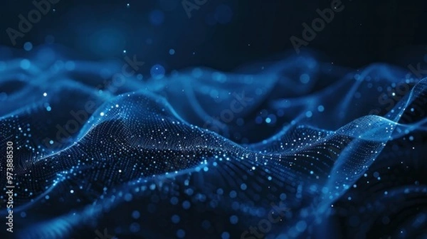 Fototapeta Abstract wave shape on a low-polygonal triangular background for design on the topic of cyberspace, big data, metaverse, network security, data transfer on dark blue abstract cyberspace background. 