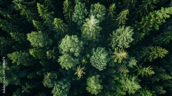 Fototapeta Aerial top view of summer green trees in forest in rural Finland. Drone photography 