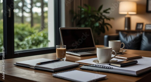 Fototapeta A modern office desk with laptop, coffee cup, and notebook