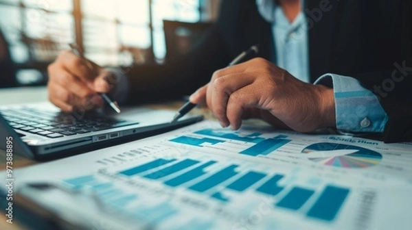 Fototapeta Banking business, finance and investment concept. Businessman analyzing market data, financial graph report, economic growth, business strategy, planning and solution, risk managem