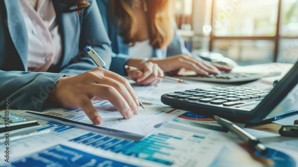 Fototapeta Auditor and accountant team working in office, analyze financial data and accounting record with calculator. Accounting company provide finance and taxation planning for profitable cash flow. Insight 