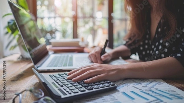 Fototapeta Business financing accounting banking concept. Businesswoman hand doing finances and calculate on desk about cost at home office. Woman working on desk with using calculator, finance accounting
