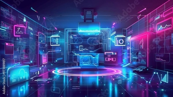Fototapeta Concept of augmented and virtual reality, game, digital world, future technology, smart home control