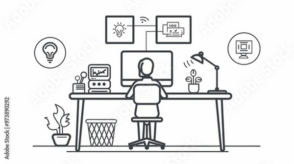 Obraz Editable real line icon of stick figure people working from home on their computer communicating with their colleagues in on a online server with digital files in modern black lines as a eps vector 