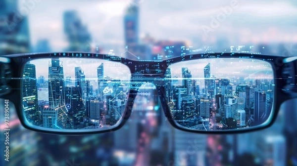 Fototapeta Futuristic smart glasses and vision concept.Smart glasses, VR virtual reality, and AR augmented reality technology. Smart glasses looking at the city with graphic hologram 
