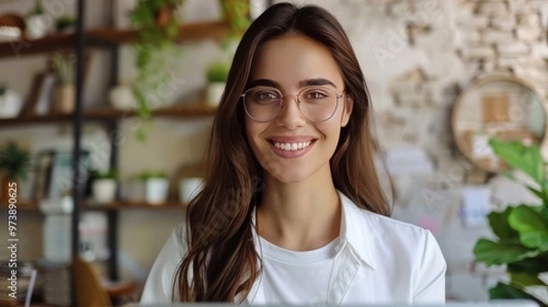 Fototapeta Happy Brunette Business Lady Using Laptop Smiling To Camera Posing Wearing Glasses Working Sitting At Workplace In Modern Office. Successful Entrepreneurship And Career Concept 