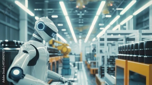 Obraz Industry 4.0 Robot concept .Engineers are using virtual AR to maintain and check the work of human robot in the 4.0 Smart Factory.Mix 3d rendering 