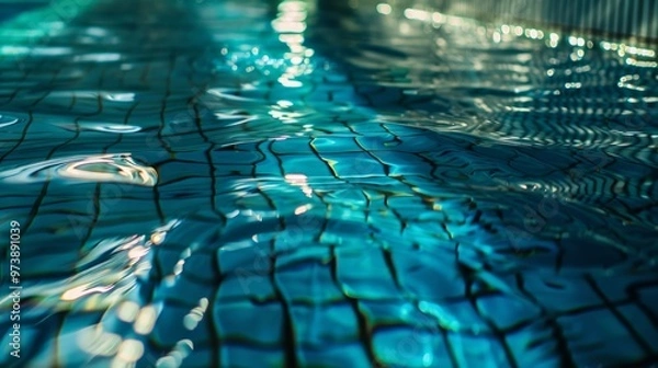 Fototapeta A close-up of light reflecting on the rippling water surface in a swimming pool lined with bright blue tiles 