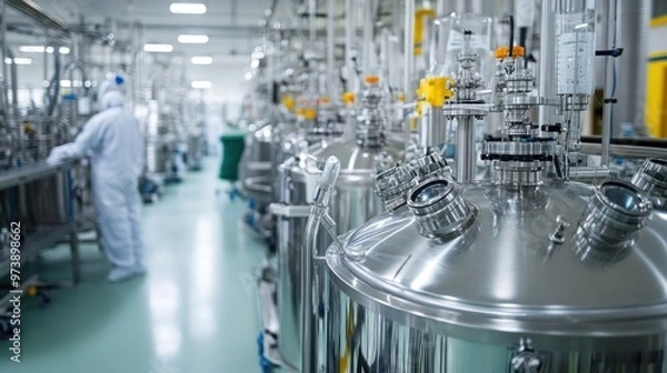 Fototapeta An overview of a biopharmaceutical production facility, showing the sterile conditions and the advanced processes involved in maintaining quality control during the manufacturing process