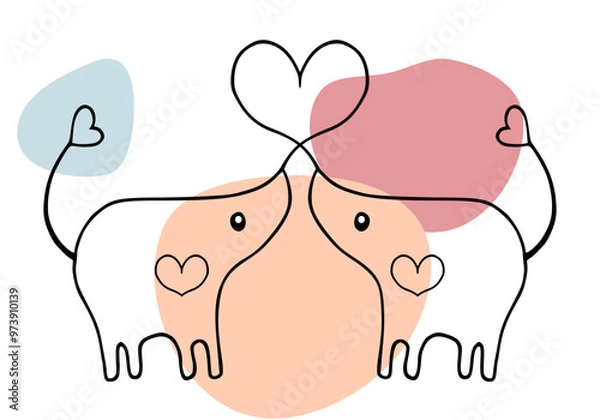 Fototapeta Two elephants fall in love. Color blobs style. Minimalist style illustration over white background. Valentine's Day greeting card