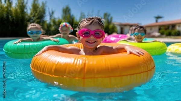 Fototapeta Children are joyfully floating in a pool using colorful floaties while enjoying the warm sunshine during a delightful summer party