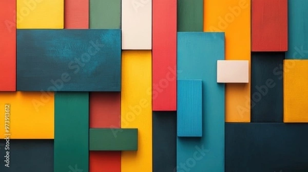 Fototapeta Bright abstract geometric shapes in varying colors are creatively arranged, showcasing a lively composition filled with rich textures and forms