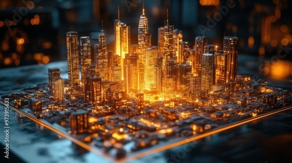 Fototapeta A glowing cityscape model showcasing futuristic architecture.