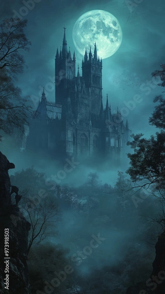 Fototapeta Gothic Haunted Castle Illuminated Under Full Moon in Dark Forest with Mysterious Fog and Bats Flying, Spooky Scenery Perfect for Halloween Themes
