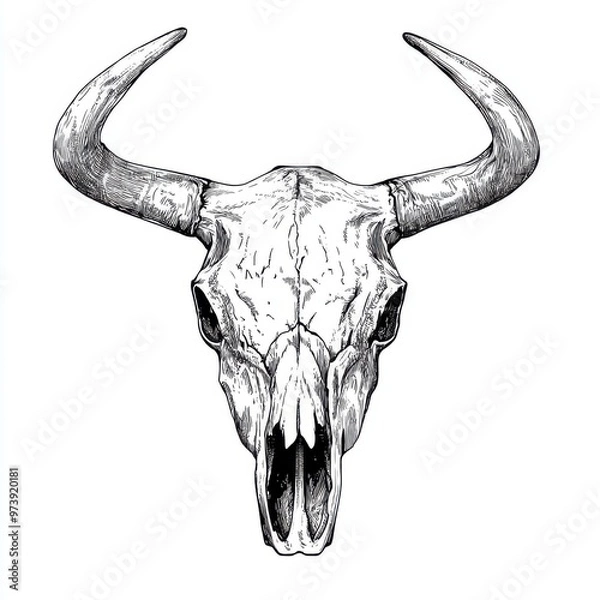 Fototapeta Black and white Vintage engraved art of a cow skull, isolated on white background, ink sketch illustration, simple vector art design, highly detailed line art, high contrasty 