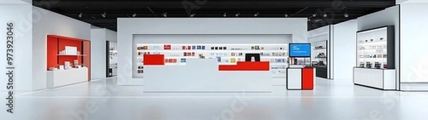 Obraz Minimalist sketch of a duty free shop simple lines depicting shelves of souvenirs clean layout
