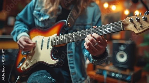 Fototapeta A musician playing an electric guitar in a cozy studio setting.