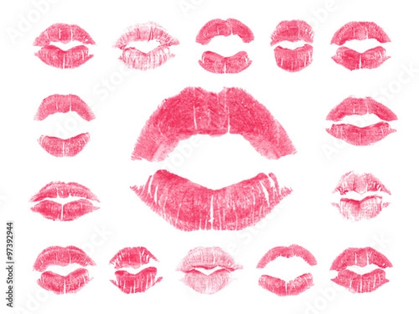Obraz Set of 15 imprint of pink lipstick.