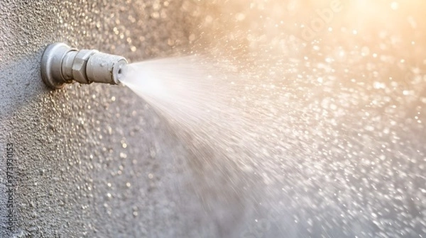 Fototapeta Stream of high-pressure water cleansing a filthy exterior wall, dynamic droplets flying, unveiling spotless surfaces, contrast between clean and dirty