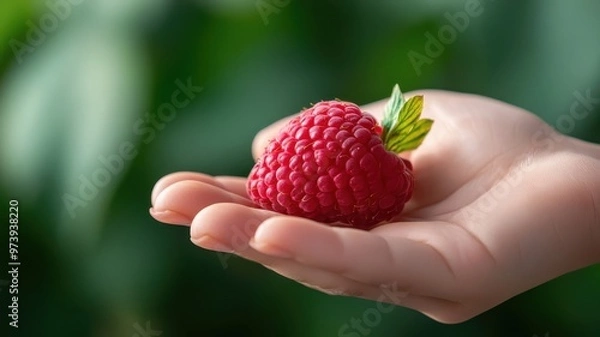 Fototapeta Hand holding a raspberry, focusing on its juicy texture and vibrant red color.