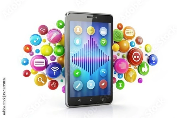 Fototapeta A sleek, modern smartphone with a bright screen displaying a stylized waveform, surrounded by colorful icons and