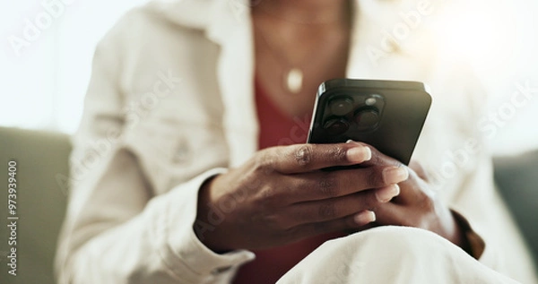 Fototapeta Woman, phone and hands with text in home with social media, website scroll and internet meme in living room. Tech, mobile and couch with typing, relax and online app with post and digital chat