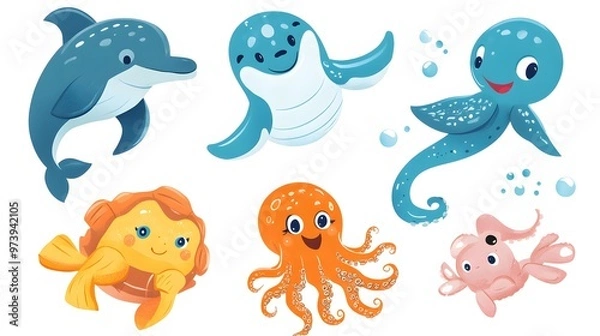 Fototapeta Six Cartoon Sea Creatures with Smiling Faces